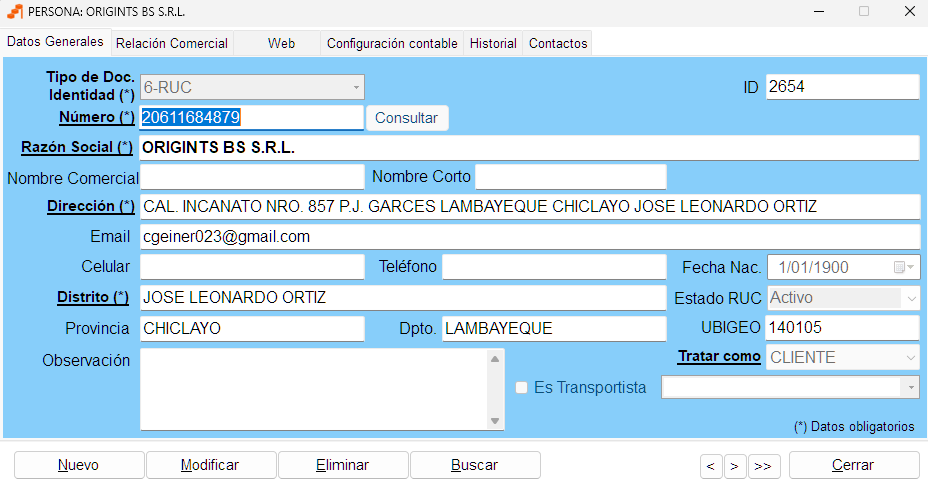 Ficha de persona o empresa en ORIGINTS: datos generales, RUC y dirección