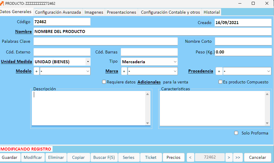 Ficha de producto en ORIGINTS con datos generales y configuración